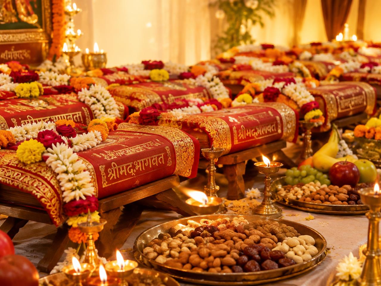Shrimad Bhagwat pothis with offerings